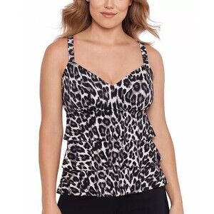 Swim Solutions Women's Leopard-Print Tiered V neck Tankini Top size 8